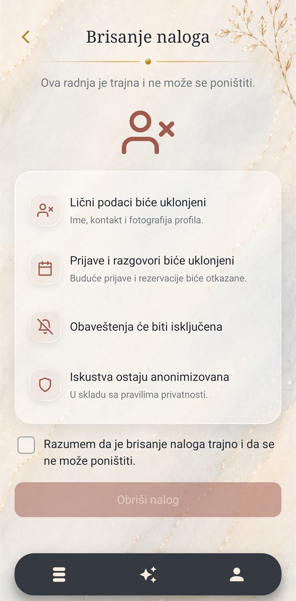 Ekran Brisanje naloga