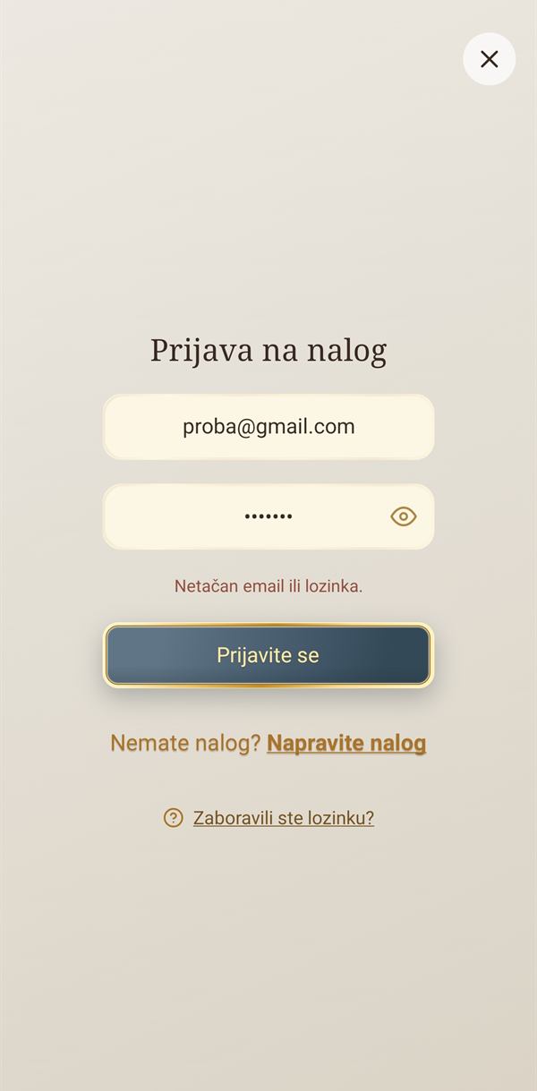 Prijava sa porukom o grešci