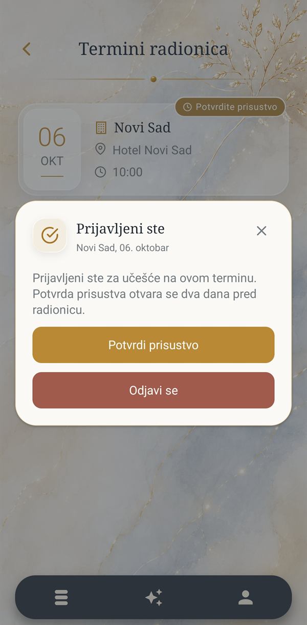 Prozor sa dugmetom Potvrdi prisustvo