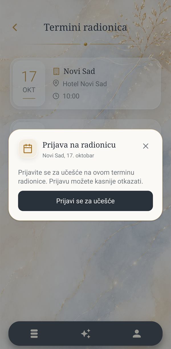 Prozor za prijavu na radionicu